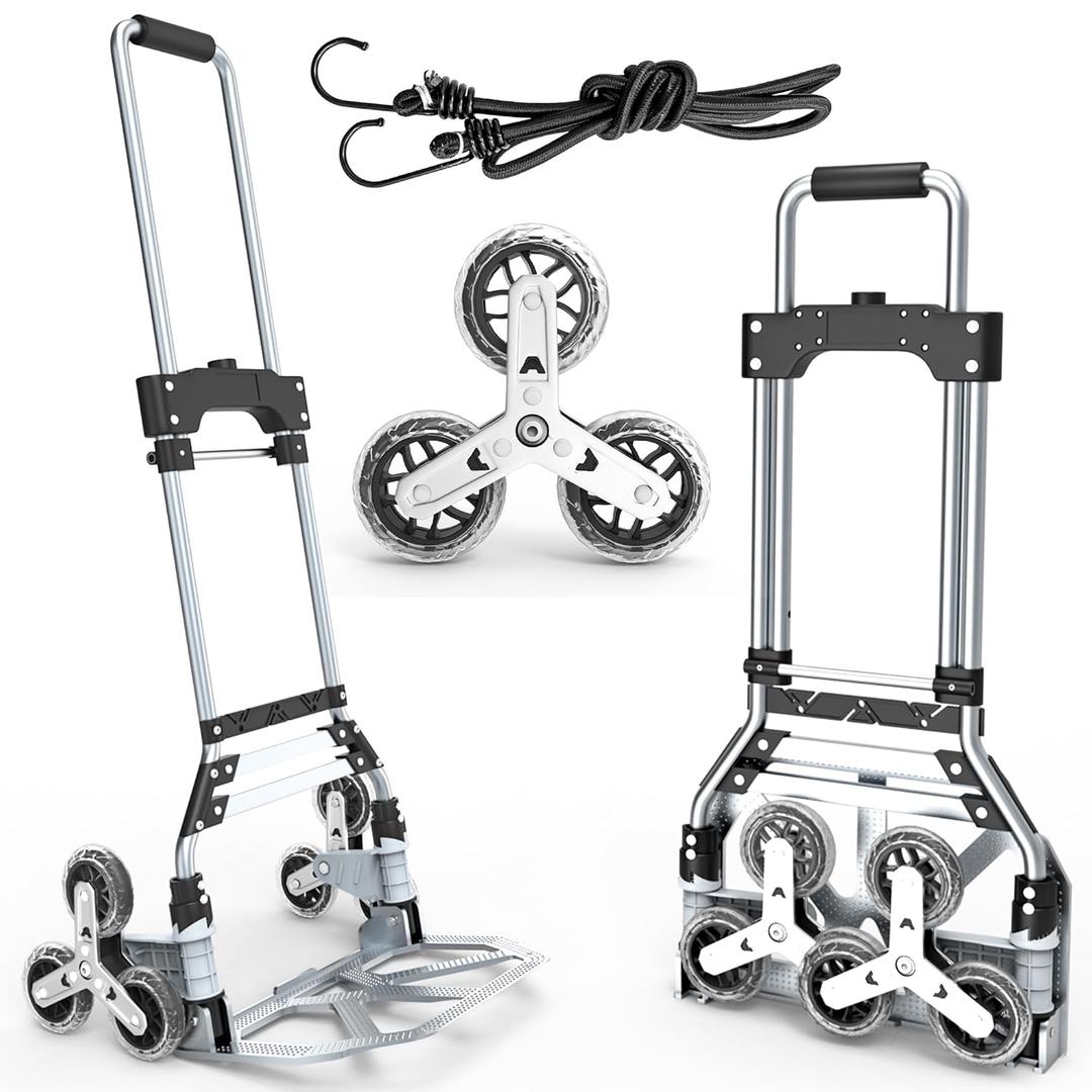 Stair Climbing Cart, 220 LBS Aluminum Stair Climber Dolly, Heavy Duty Folding Hand Truck Dolly with 6 Wheels, Telescoping Handle and Elastic Rope for Home, Moving, Groceries, Warehouse (Black Gray)