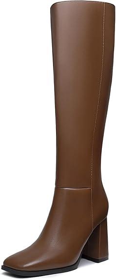 Athlefit Women's Knee High Boots Fashion Chunky Heel Square Toe Tall Boots Side Zipper Long Boots, Tan, 7.5