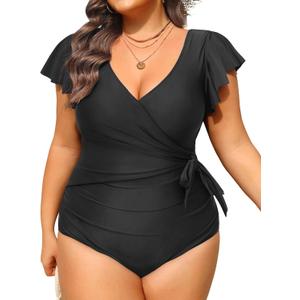 Tempt Me Women's Plus Size One Piece Swimsuits - Tummy Control Bathing Suits 2025 Ruffle Swimwear (Black) 20W