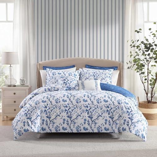 Laura Ashley - Queen Comforter Set, Soft & Reversible Cotton Bedding, Medium Weight for Year Round Comfort, 7 Piece Bed Set with Matching Pillowcases, Euro Shams & Bonus Throw Pillows (Elise Blue)