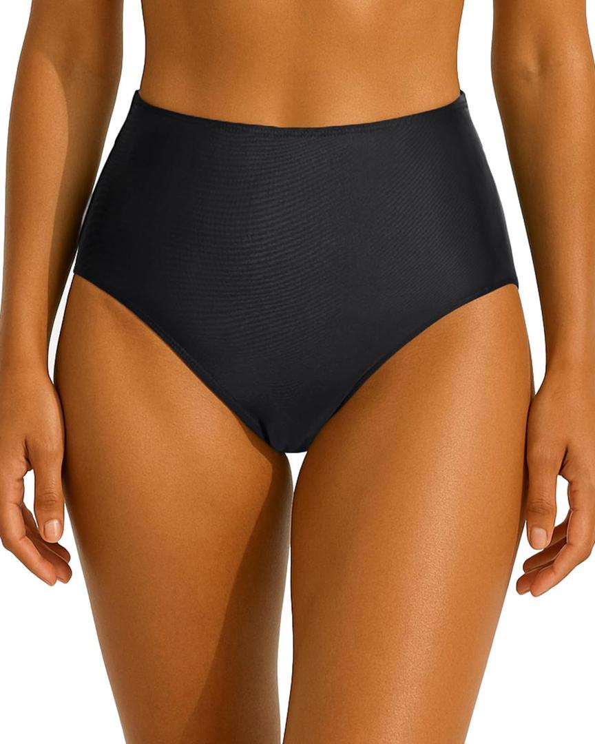 Tempt Me Womens High Cut High Waisted Bikini Bottoms Tummy Control Bathing Suit Bottoms Swim Bottom Swimsuit Bottom (X-Large, Black)