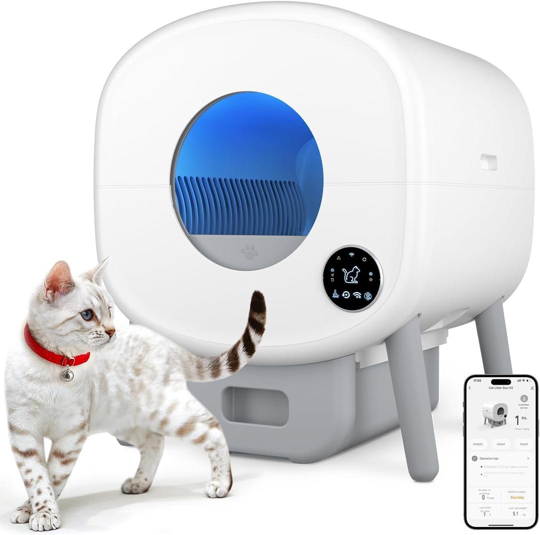 Cumrige Self Cleaning Litter Box, Large Capacity Automatic Cat Litter Box Self Cleaning for Cats, App Control, Safety Protection, 2 Roll Garbage Bags,White & Grey