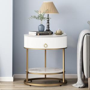 OIOG Round Side Table with Drawer, 2 Tier Night Stand with Shelf, Modern Side Table with Gold Legs for Living Room, Bedroom, Dorm, Marbling Natural Stone/Gold