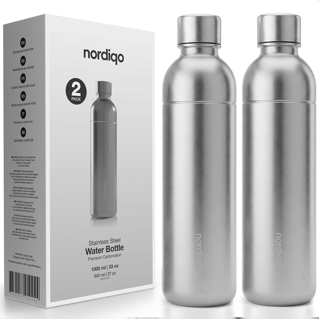 Premium 33 oz Stainless Steel Bottle | Compatible with Aarke Carbonator 3, SodaStream Duo & Plastic Bottle | No Expiry | Plastic-Free | 2x Steel