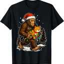 Christmas Bigfoot with Cat and Lights Santa Hat Funny Xmas TShirt XL
