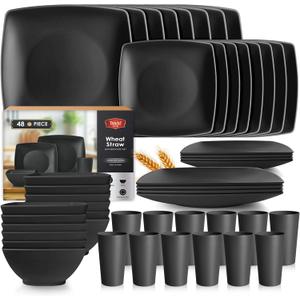 Teivio 48-piece Kitchen Plastic Wheat Straw Square Dinnerware Set for 12, Unbreakable Dinner Plates, Salad Plates, Snack Bowls, Tumblers 13.5 oz, Dishwasher Safe, Outdoor Camping Dish,Black