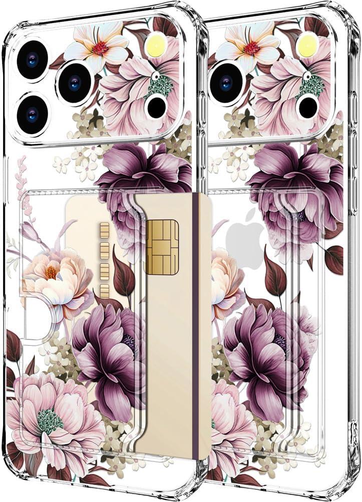 Hungo Compatible for iPhone 17 Pro Case Wallet with Card Holder,Ultra Thin Slim Cute Girly Skin Cases Protector with Airbag Bumper for Women Girls (Clear Pink Rose)