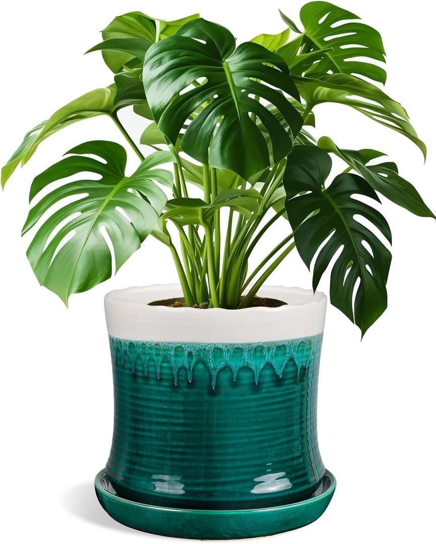 8 Inch Ceramic Plant Pot with Drainage Hole and Saucer, Waist-Shape Art Design for Indoor and Outdoor Planter, Flowing Glaze Green and White