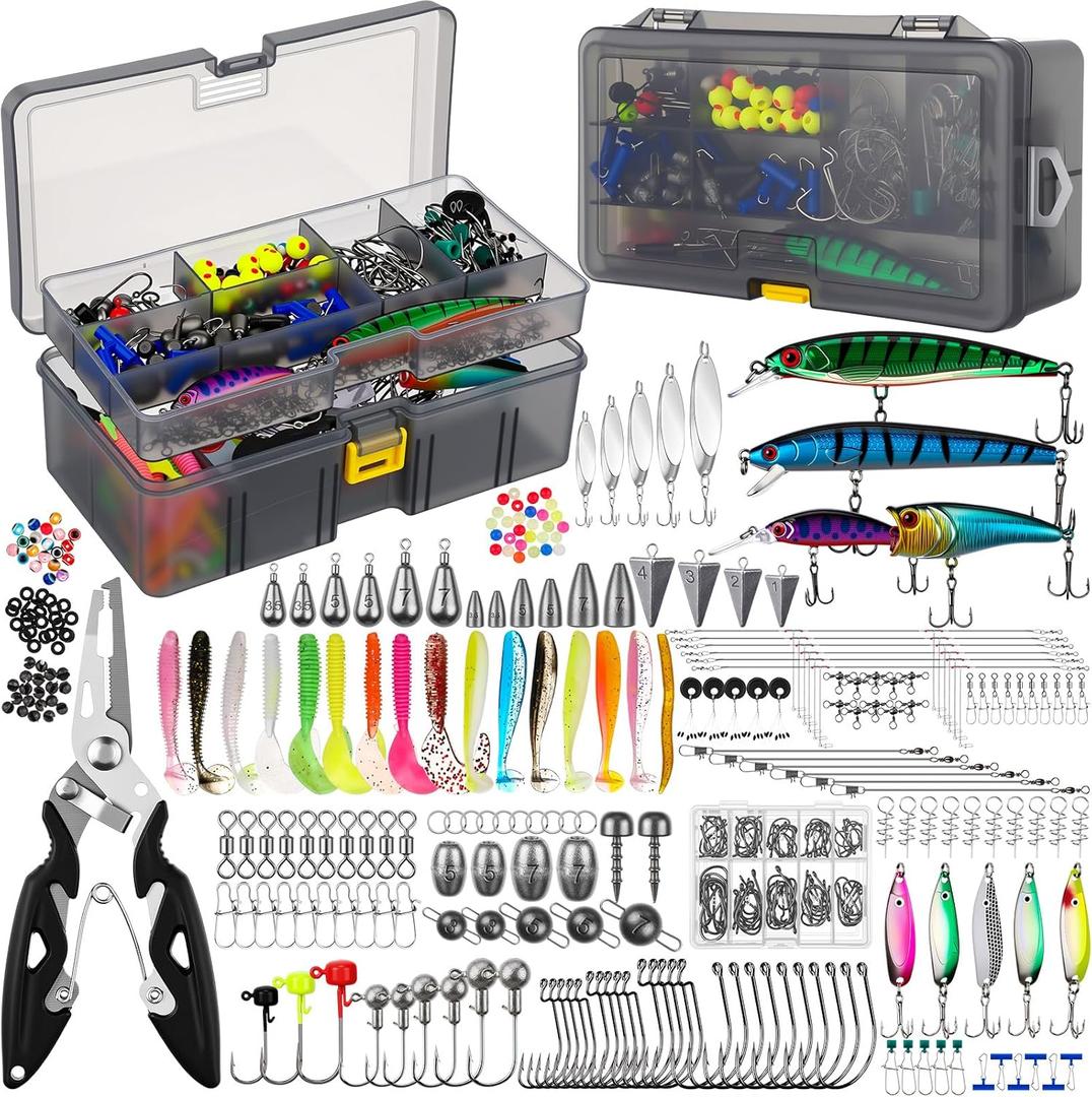 Fishing Lures Kit Removable Tackle Box for Saltwater with Hooks, Weights, Bobbers, Pliers, Rigs, Leaders, Line, Sinker Swivels for Men(443 Pcs,443 Pcs Fishing Lures Accessories Kit)