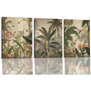 3 Pcs Framed Vintage Canvas Wall Art With Tropical Jungle And Birds Rustic Modern Farmhouse Style Natural Scenery Living Room Bedroom Bathroom Decorative Painting Inches Ready To Hang 12x16 Inches