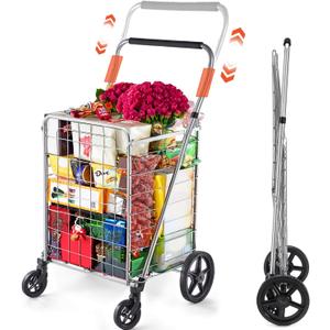 Wellmax Folding Grocery Cart with Wheels  Heavy Duty Utility Cart with Upgraded Steel Frame, Extra Large Basket, Adjustable Padded Handle, Swivel Front Wheels, Foldable Design, 90 lb Capacity