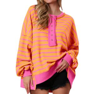 PRETTYGARDEN Womens Fall 2026 Striped Oversized Sweatshirt Long Sleeve Button Up Henley Neck Waffle Knit Pullover Tunic Tops (Large, Striped Yellow Pink)