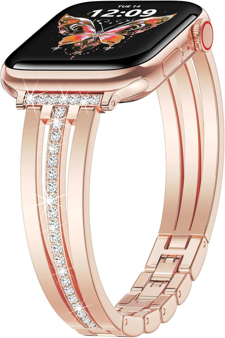 KOREDA Slim Gold Band Compatible for Apple Watch Band 38mm 40mm 41mm 42mm 44mm 45mm 46mm 49mm Series 11 10 9 8 7 SE Ultra Women, Thin Metal Dressy Jewelry Bracelet with Bling Diamond for iWatch Series 6/5/4/3/2/1 Size: 42mm/44mm/45mm/49mm/46mm(Series 11/10)