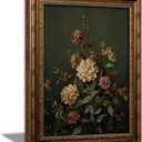Vintage Gold Framed Moody Floral Wall Art,Dark Green Botanical Canvas Print, 24"LX16"W