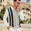 PRIVIMIX Mens Knit Striped Polo Shirts Long Sleeve Fashion Vintage Quarter Zip Pullover Casual Polo Sweater (L)