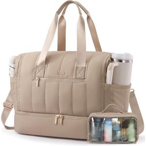 LOVEVOOK Travel Duffle Bag,Puffer Weekender Bags For Women with Shoe Compartment,42L Carry On Duffel Bags For Airplanes,Hospital Bag for Labor and Delivery,Overnight Bsg With Toiletry,2Pcs Set (Khaki)