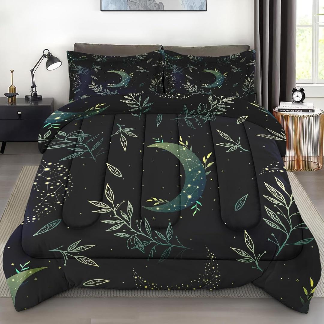 Comforter Set Queen Size, Boho Space Green Retro Soft 3 Pcs Bedding for Kids and Adults, Herbs Witch Floral Comforter Set with Pillowcase, for Bedroom Bed Decor