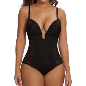 SHAPERIN Women's Backless Body Shaper Bra Faja U Plunge Low Back Thong Shapewear Tummy Control Deep V Bodysuit (X-Large, B-black Brief)