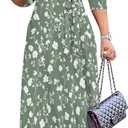 SUZONANA Plus Size Dresses for Women Floral Print Maxi Dress Flowy 3/4 Sleeve with Belt (Green, XXL)