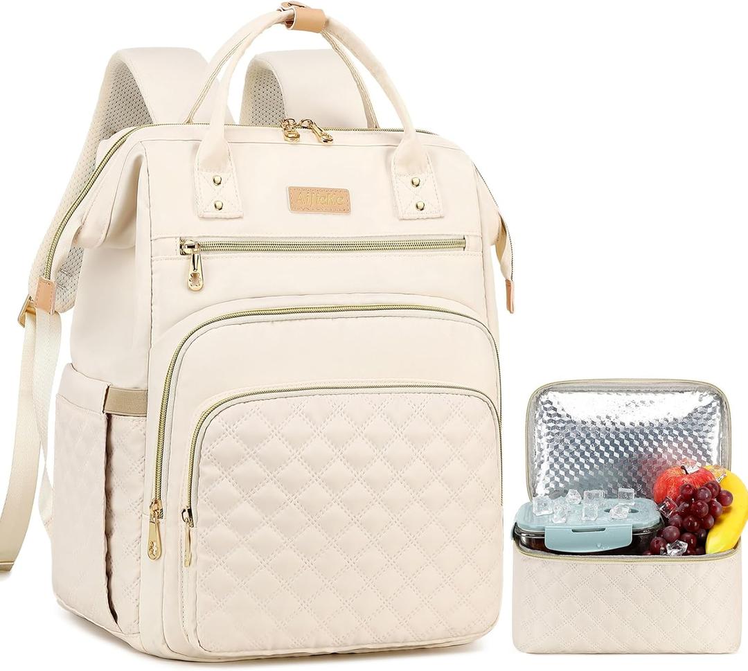AIJIEKE Lunch Backpack for Women, 15.6 Inch Laptop Backpack with Detachable Insulated Cooler Lunch Box, 2-in-1 Water Resistant Work Computer Bag for Nurse Teacher College Commute, Beige