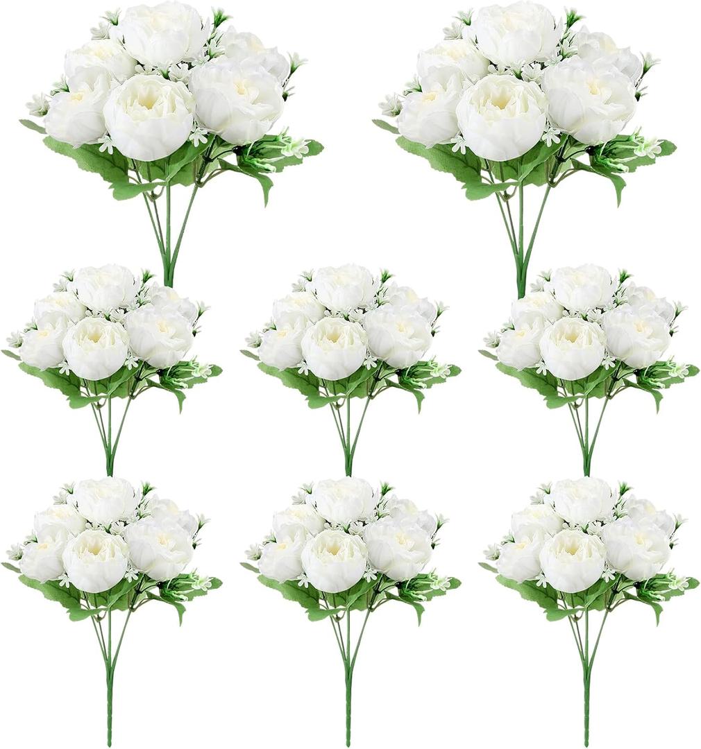 8 Pack White Peonies Artificial Flowers, Fake Silk Hydrangea Bouquet for Bridal Wedding Home Table Decor Reusable Dining Opening Ceremony Birthday Arrangement Faux Floral