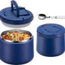 14oz Insulated Vacuum Food Jar with Buckle Lid,Soup Thermo for Hot Food Kids,Wide Mouth Leakproof Stainless Steel Lunch Container with Spoon-Blue