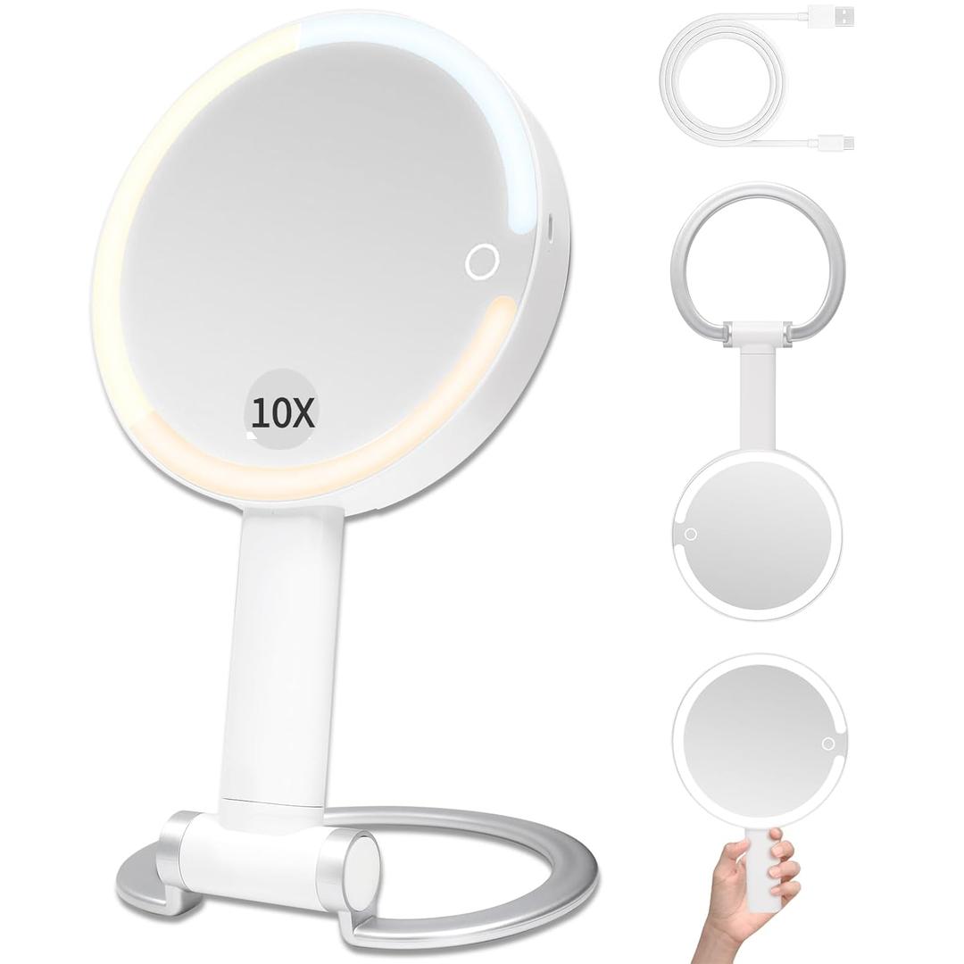 Portable Travel Makeup Mirror with Lights - 3 Color Dimmable Lighting, 360 Rotation, Rechargeable Double-Sided 1X/10X Magnifying Mirror, Adjustable Brightness for Tabletop, Home & On-the-Go Use (White)