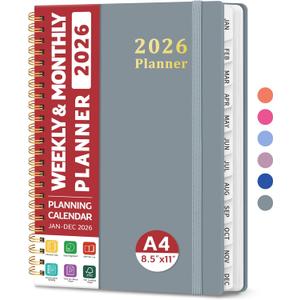 2026 Planner, Weekly and Monthly Calendar Planner, January 2026 - December 2026, Hardcover 2026 Calendar Book with Tabs For Women & Men, Inner Pocket, Spiral Bound, Perfect for Office Home School Supplies - A4 (8.5" x 11"), Stone Gray