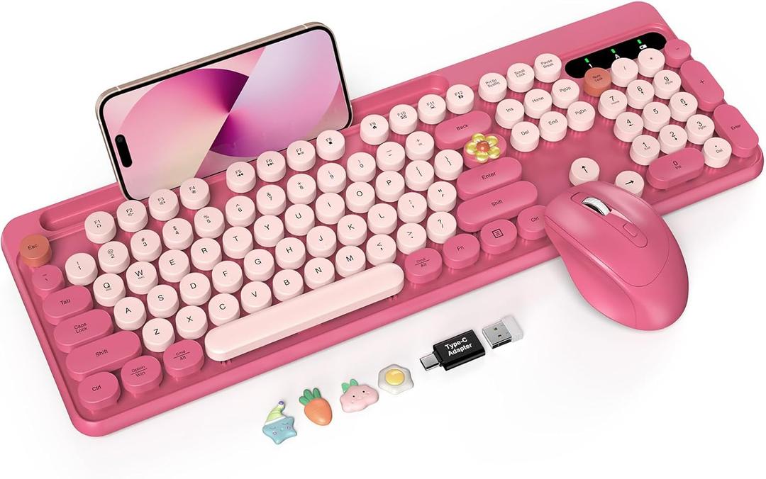 Wireless Keyboard and Mouse Combo, Retro Round Keycaps, Full-Size Cute Typewriter Keyboard with Large Phone/Tablet Holder, Auto-Sleep, 2.4GHz Cordless Connection for Windows/PC/Laptop (Camellia Rose)
