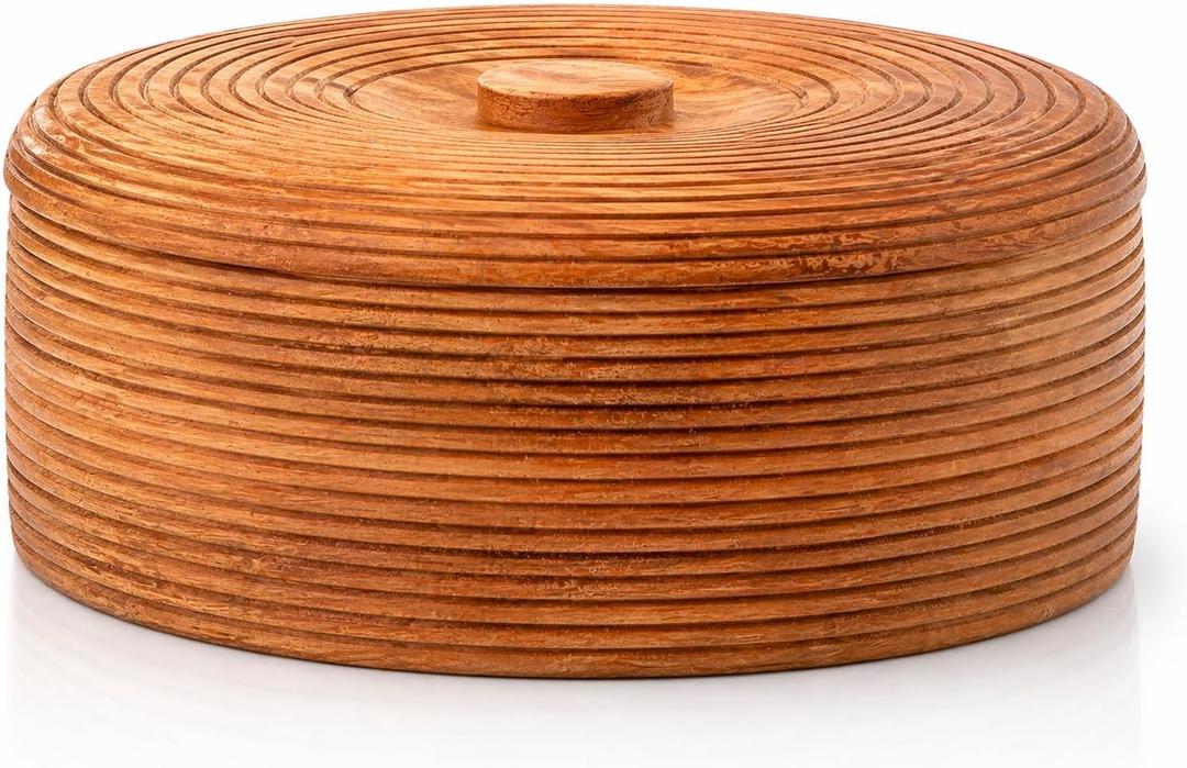 Handcrafted Wooden Mexican Tortilla Warmer Basket Indian Chapati Roti Bread Holder Box Pancake Keeper Serveware Hot Pot Casserole Dish With Lid Home Kitchen Dining Decor, Natural Brown, 9 x 3 Inches