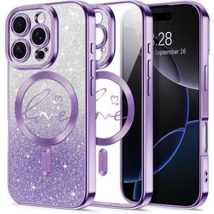 Hython for iPhone 16 Pro Max Case Glitter, Compatible with MagSafe Love Heart Magnetic Clear Phone Cases for Women Girls, Full Camera Protection Sparkle Plating Protective Cover, Deep Purple