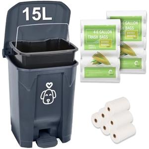 Outdoors Dog Poop Trash Can with Lid & 290PCS Waste Bags, Cute Dog Waste Trash Can for Dog Poop, Yard, Home, Garden, Kitchen, 15 Litre Grey Step with Removable Inner Bin, AG