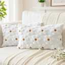 Artscope Spring Summer Pillow Covers 12x20 Set of 2 Decorative Yellow Flower Heart Daisy Throw Pillow Cases Soft Plush Faux Fur Couch Cushion Case for Holiday Farmhouse Sofa Bed Room Home Decor-White