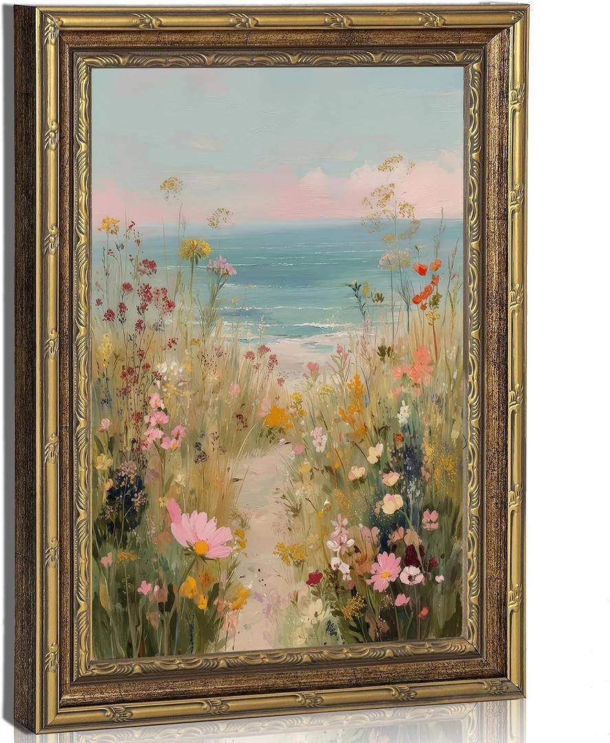 Gold Framed Canvas Wall Art,Pastel Coastal Wildflower Path Landscape Painting, Beachside Picture Poster Prints Artwork for Living Room Bedroom Wall Decor 16x24Inch