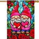 Valentines Gnomes House Flag 28x40 Inch Double Sided Outside, Stained Glass Valentines Yard Flag for Anniversary Wedding Outdoor Decoration