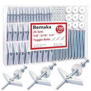 100Pcs Toggle Bolts Heavy Duty Drywall Anchors and Screws Kit, 3 Sizes 1/8" 3/16" 1/4" Hollow Wall Anchors, Toggle Bolts and Wing Nut Kit with Nuts Washers (25Sets)