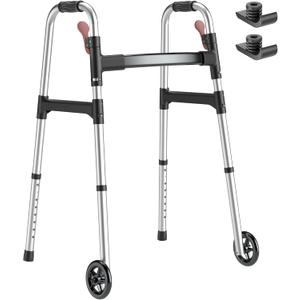 Walkers for Seniors, One-Hand Folding, 8 Height Adjustments, Walkers with Wheels, 2 Skis and 5" Wheels, Lightweight Walker for Seniors, Standard Walkers for Seniors, Aluminum Frame, Frosted Silver