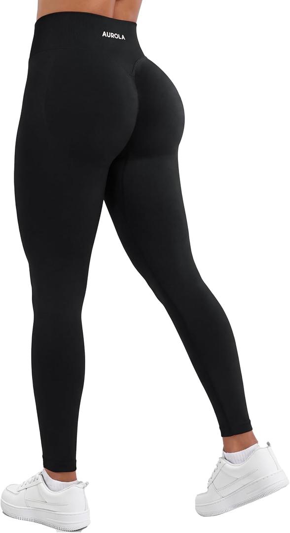 AUROLA Influence Workout Leggings for Women, Seamless Compression Tummy Control Leggings Mid Rise Yoga Pants, Black, Small