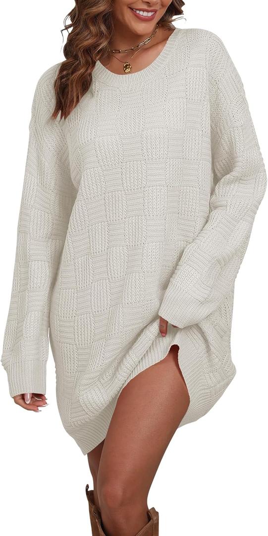 Cakulo Womens Checkered Sweater Dress Oversized Fall Winter Fashion Long Pullover Sweaters Casual Loose Knit Dresses 2025 (X-Large, White)