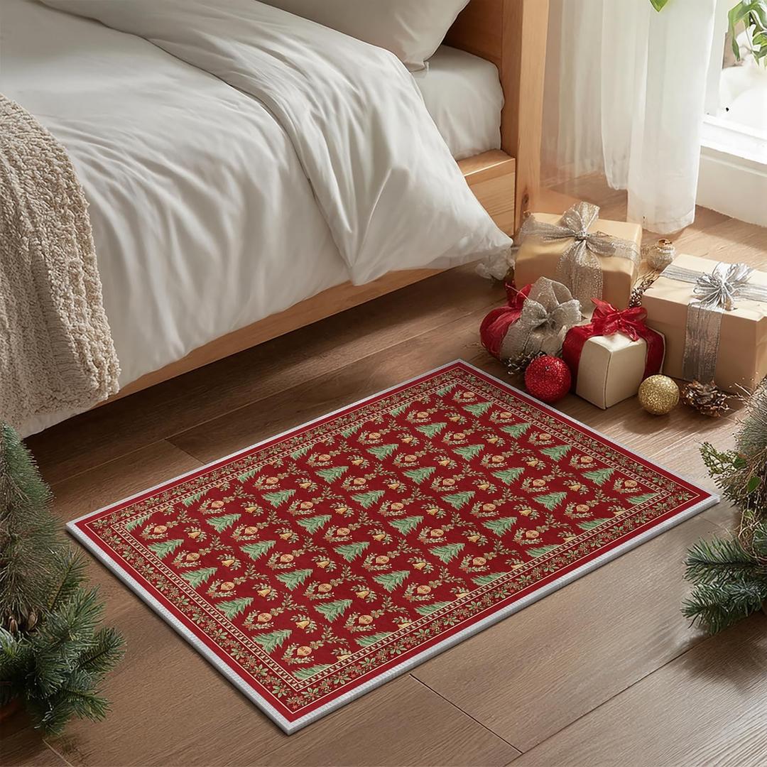 Artoid Mode Red Xmas Tree Mistletoe Christmas Door Mat, Winter Home Decor Low-Profile Non-Slip Washable Throw Rug for Kitchen Entryway Front Door Bedroom Bathroom 2x3 Feet