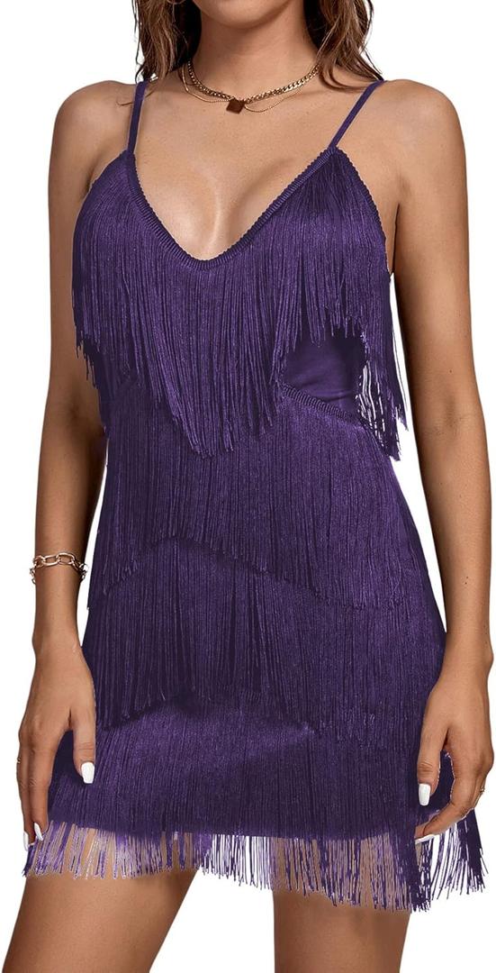 Umenlele Women's Layered Fringe Deep V Neck Cami Mini Dress Sleeveless Tassels Flapper Dresses (Medium, Purple)