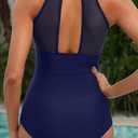 Tempt Me Women One Piece Swimsuit High Neck Plunge Ruched Tummy Control Bathing Suit (Blue, M)