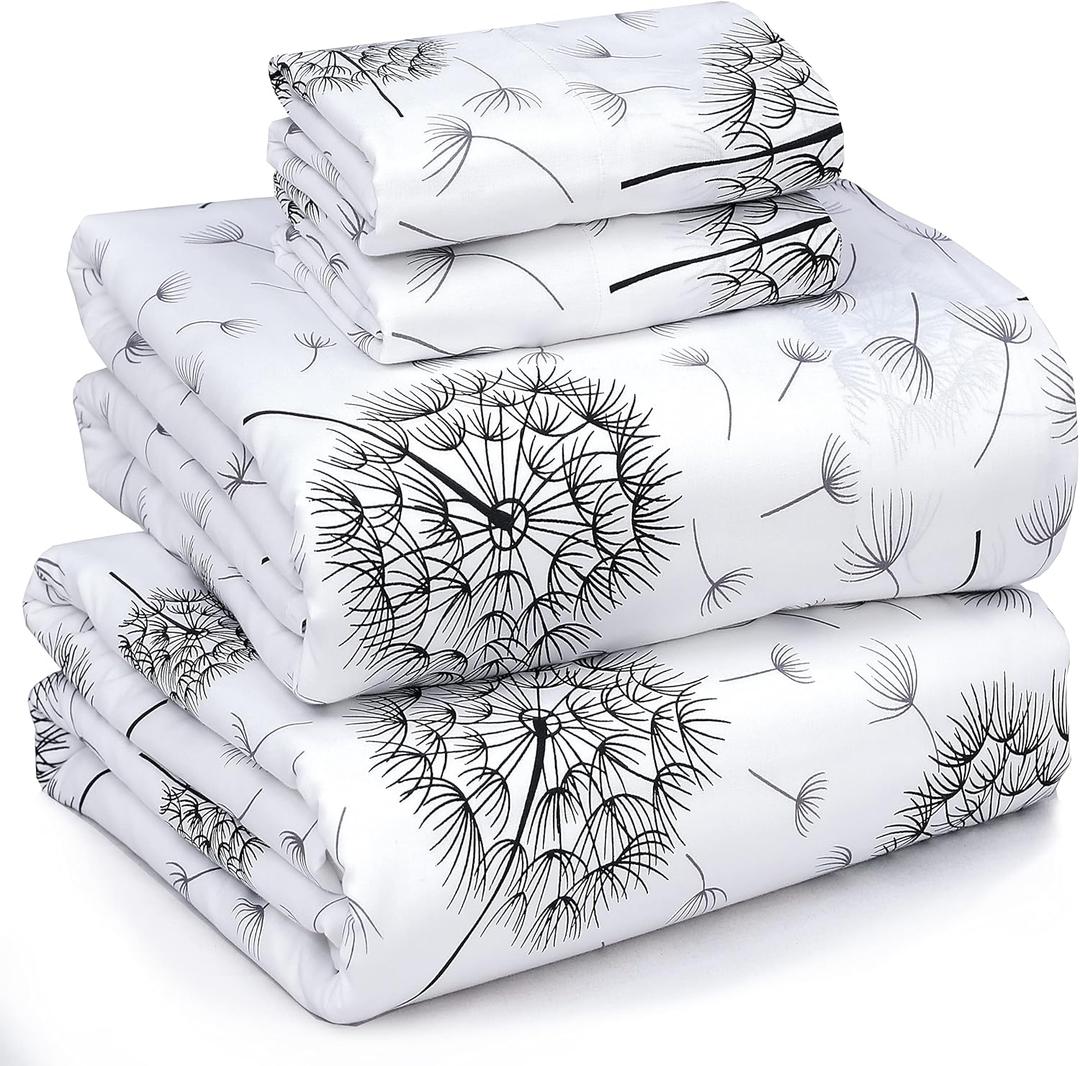 RUVANTI 100% Cotton Full Size Bed Sheets, 4 Pieces, Soft & Breathable Percale Weave Bedding, Deep Pocket 16", Hotel Standard, Crisp Cool Feel, Durable, Perfect Sheet Set Floral, Dandelion
