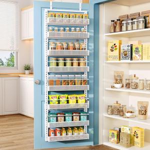 SNTD 8 Tiers Over the Door Organizer - Height Adjustable Pantry Organizers and Storage with Dense Mesh Baskets, Anti-Swing Hanging Door Spice Rack for Kitchen Bathroom (White, 17" W x 6" D x 69" H)