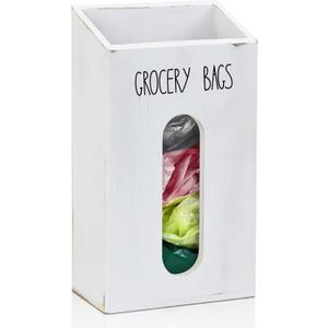 Farmhouse Grocery Bag Holder for Kitchen, Wooden Plastic Bags Holder for Supermarket shopping carrier Recycle, Wall Mounted Garbage Bag Dispenser with Extra-Wide & Easy-Access Openings, White
