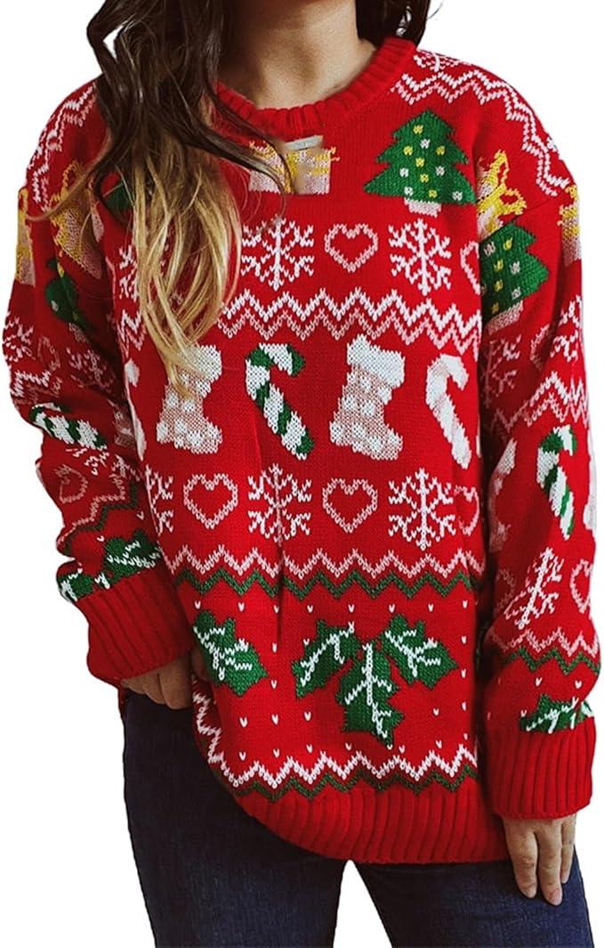 Women's Christmas Snowflake Pattern Knitted Sweater Long Sleeve Pullover Sweater Red, M