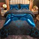 NTBED 5pcs Game Console Comforter Set for Boys Girls Kids 3D Gaming Geometric Bed in a Bag Lightweight Microfiber Gamer Bedding Sets (Blue, Twin)