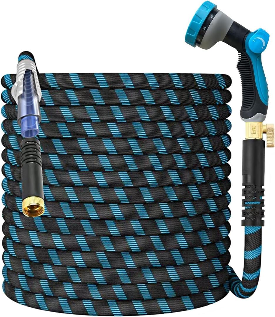 150Ft Non-Expandable Garden Hose, Flexible Water Hose with 10-Pattern Spray Nozzle, Lightweight Hose Pipe, Kink-Free, Leak-Proof, 3/4" Solid Metal Fittings (Blue) 150Ft Non-Expandable Garden Hose, Flexible Water Hose with 10-Pattern Spray Nozzle, Lightweight Hose Pipe, Kink-Free, Leak-Proof, 3/4" Solid Metal Fittings (Blue)