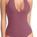 REORIA Bodysuits for Women Halter Tops 2025 Summer V Neck Backless Body Suits Tank Top Trendy Fashion Clothing, Large