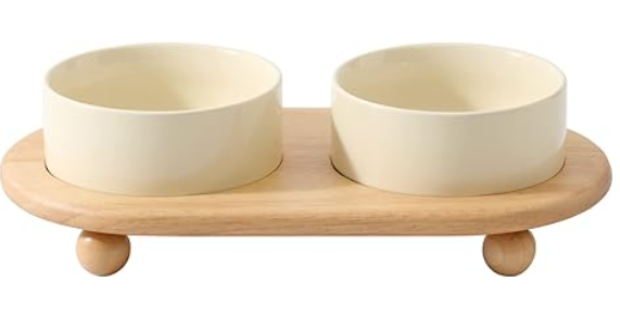 Ceramic Elevated Cat Food and Water Bowl, Kitty Bowl, Raised Cat Dish, Pet Feeder (5.1 in, 2 x Beige + Stand)